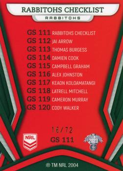 2023 NRL Traders Titanium - Gold Pearl Special #GS111 South Sydney Rabbitohs Checklist Back